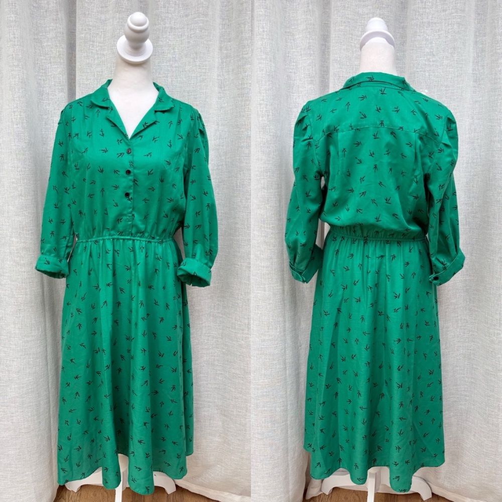 1980 Stuart Alan Petite Emerald green black abstract print button down dress